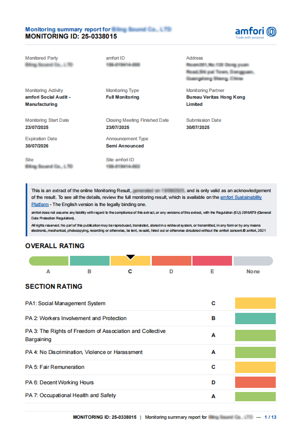 祝贺东莞LW电子科技有限公司顺利通过BSCI认证拿到C级BSCI验厂报告