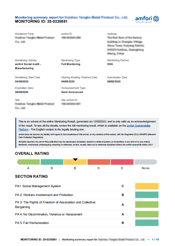 祝贺惠州YB五金厂顺利通过BSCI认证获得BSCI验厂C级报告