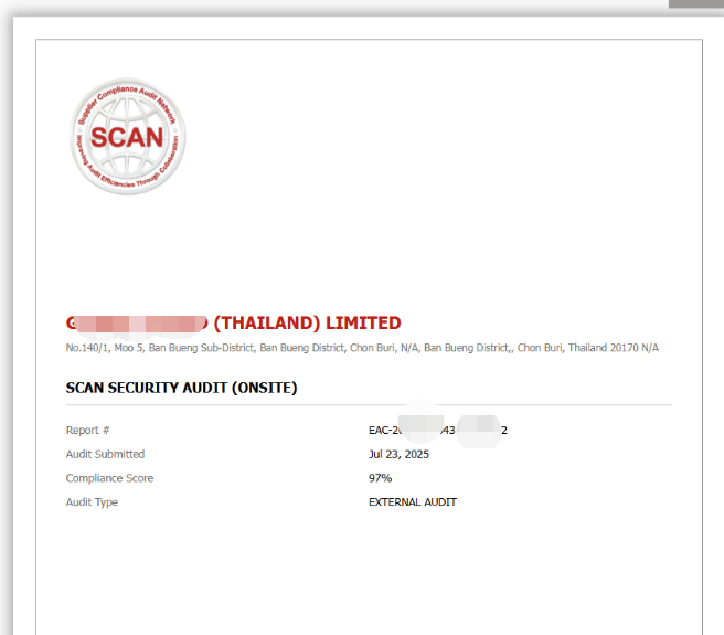 祝贺泰国春武里MK五金塑胶厂成功通过SCAN反恐验厂